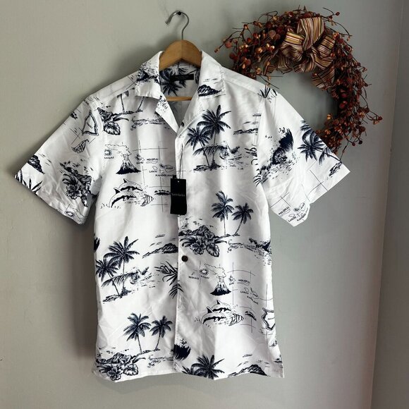 Year IN Year Out Men's Hawaiian Shirt MEDIUM Palmwave White Island Map Floral - Picture 1 of 9
